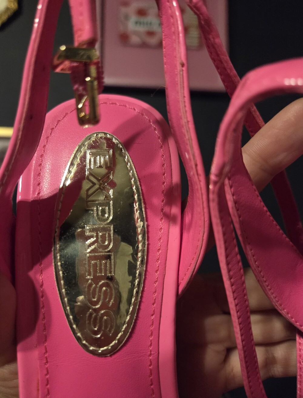 Express Hot Pink Strappy Sandals with Gold Logo Accent